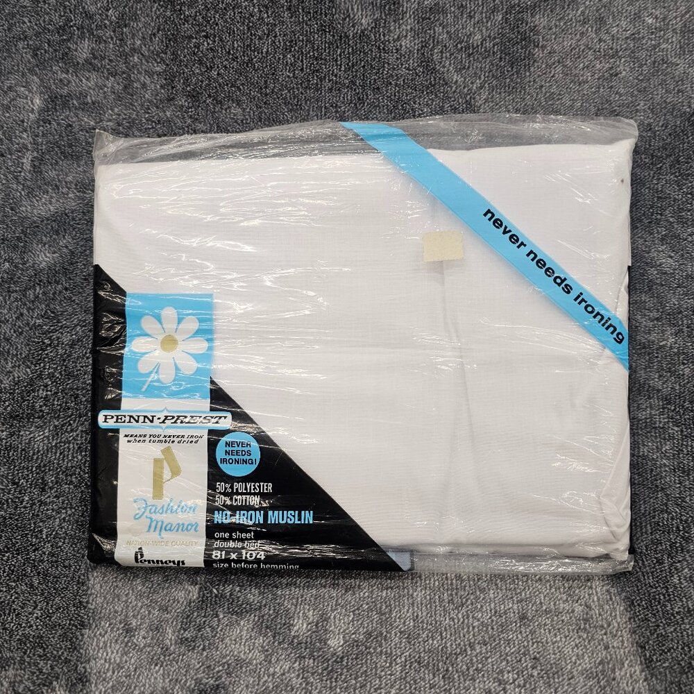 Vintage Penneys Fashion Manor Penn-Prest 1 white double sheet 81x104 no Iron